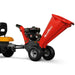 Front angle of red MechMaxx GS650 7hp Ducar wood chipper with towbar and knobby tires, gallery position 1