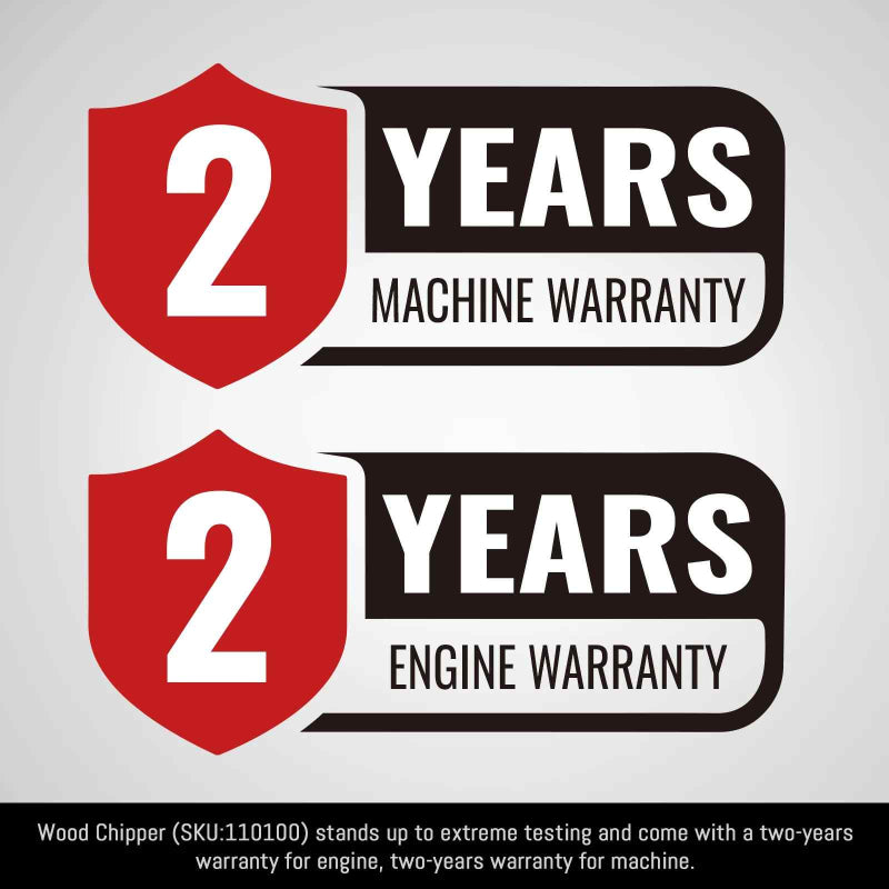 Graphic showing two red shields with text indicating 2 years machine warranty and 2 years engine warranty