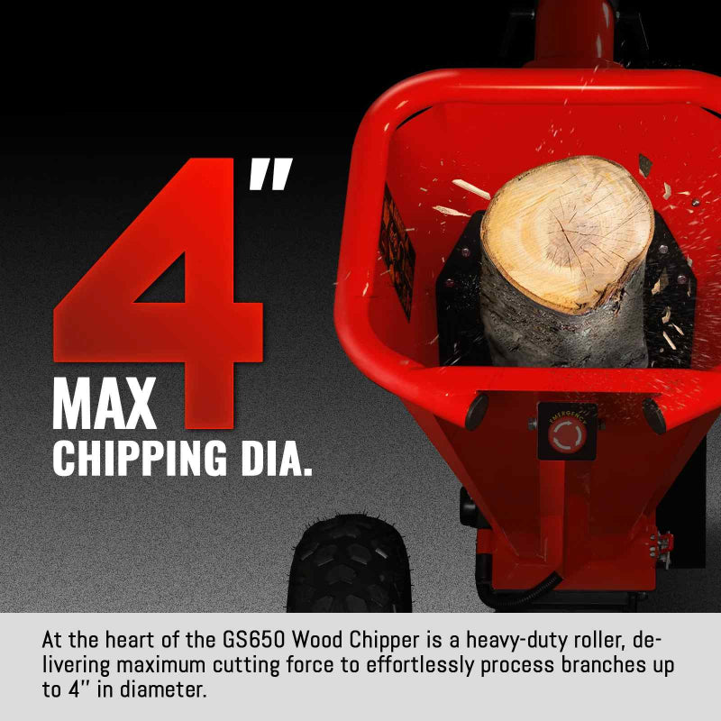 Top-down view of MechMaxx GS650 wood chipper feed chute with 4-inch diameter log inside, gallery position 1