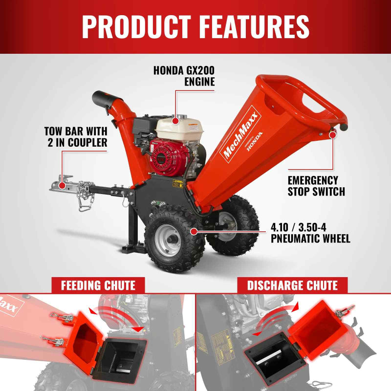 MechMaxx GS650 wood chipper highlighting Honda GX200 engine, towbar with 2-inch coupler, and emergency stop switch