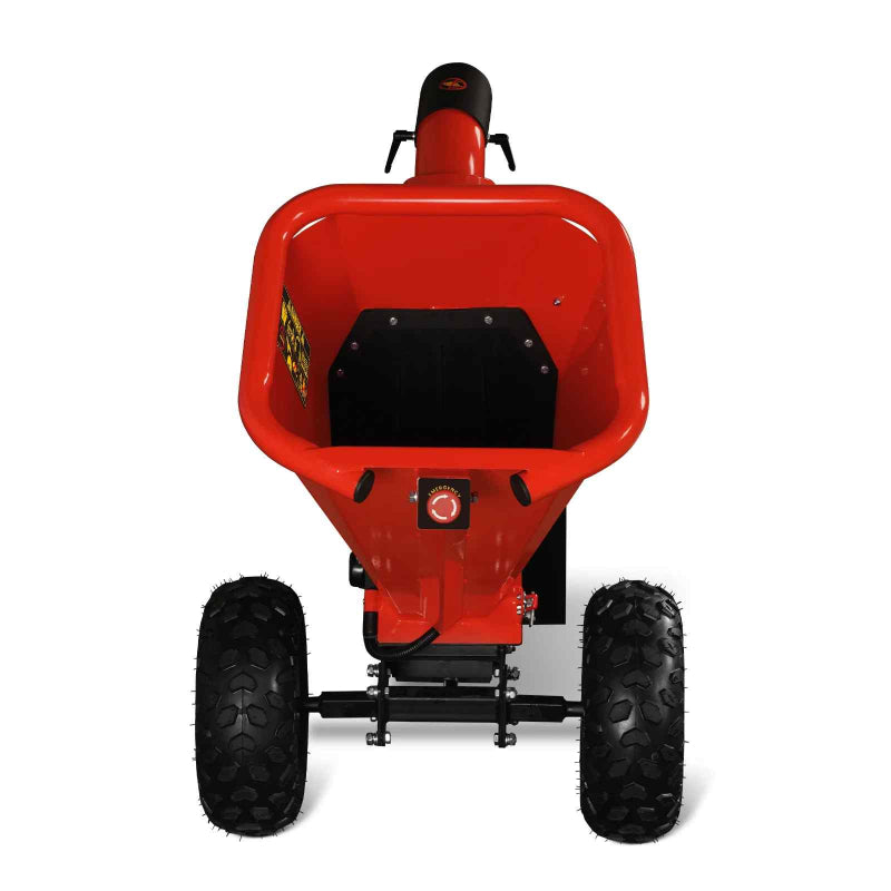 Front view of MechMaxx GS650 wood chipper feed chute with towbar and two rugged tires, gallery position 1