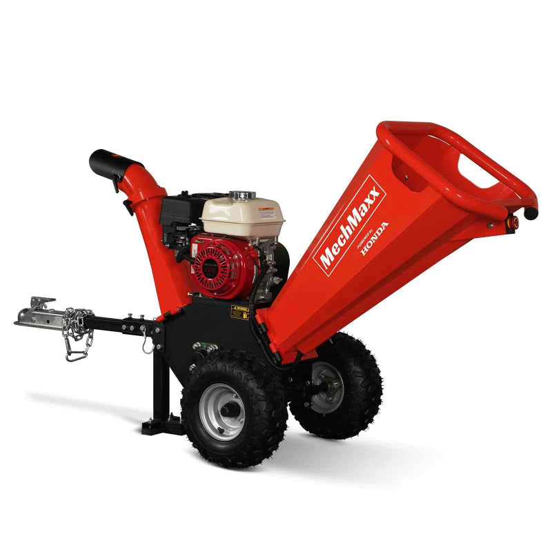 Three-quarter right side view of MechMaxx GS650 7hp Honda GX200 wood chipper with towbar, gallery position 1