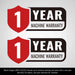 Graphic showing red shield icons with "1 Year Machine Warranty" text repeated twice, gallery position 1