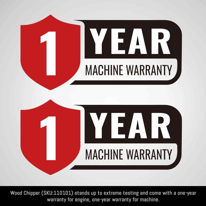 Graphic showing red shield icons with "1 Year Machine Warranty" text repeated twice, gallery position 1