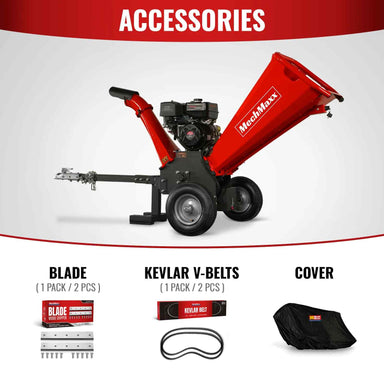MechMaxx GS1500 15hp wood chipper with towbar showing accessory pack including blades, Kevlar V-belts, and protective cover, gallery 1