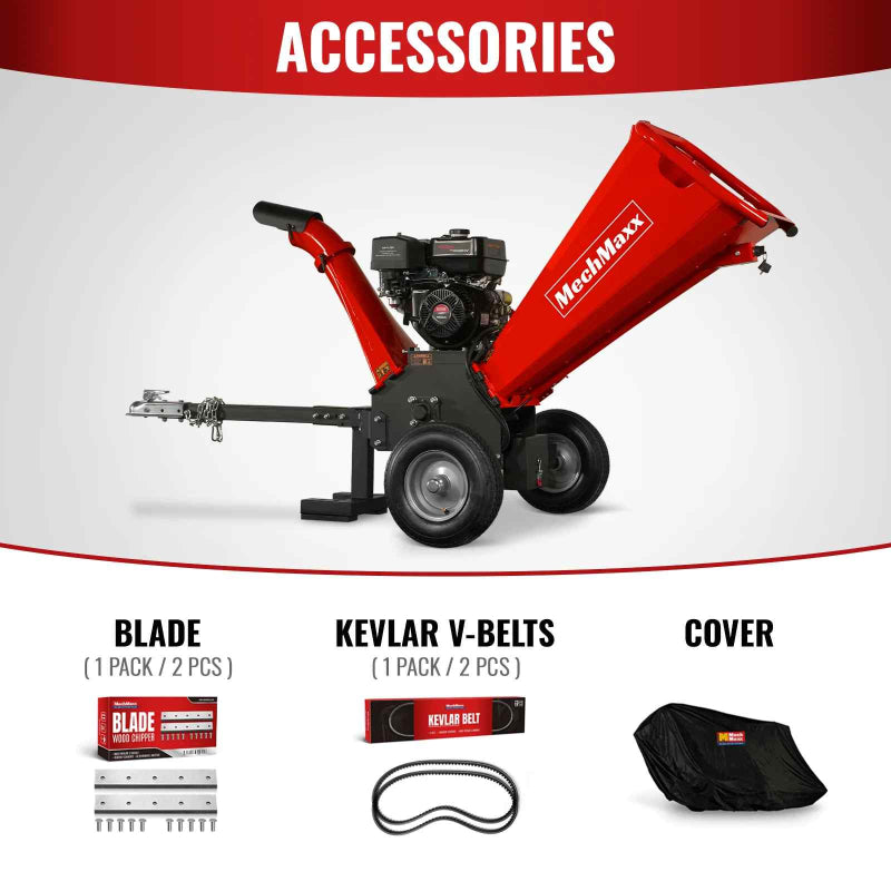 MechMaxx GS1500 15hp wood chipper with towbar showing accessory pack including blades, Kevlar V-belts, and protective cover, gallery 1
