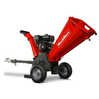 Red MechMaxx GS1500 15hp gas wood chipper with 5-inch feed chute, towbar, and metal wheels, gallery position 1