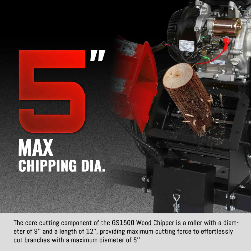 Close-up of MechMaxx GS1500 wood chipper feed chute with log and engine, gallery position 1