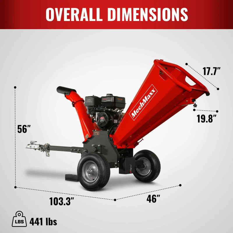 Side view of red MechMaxx GS1500 15hp gas wood chipper with dimensions and weight, gallery position 1
