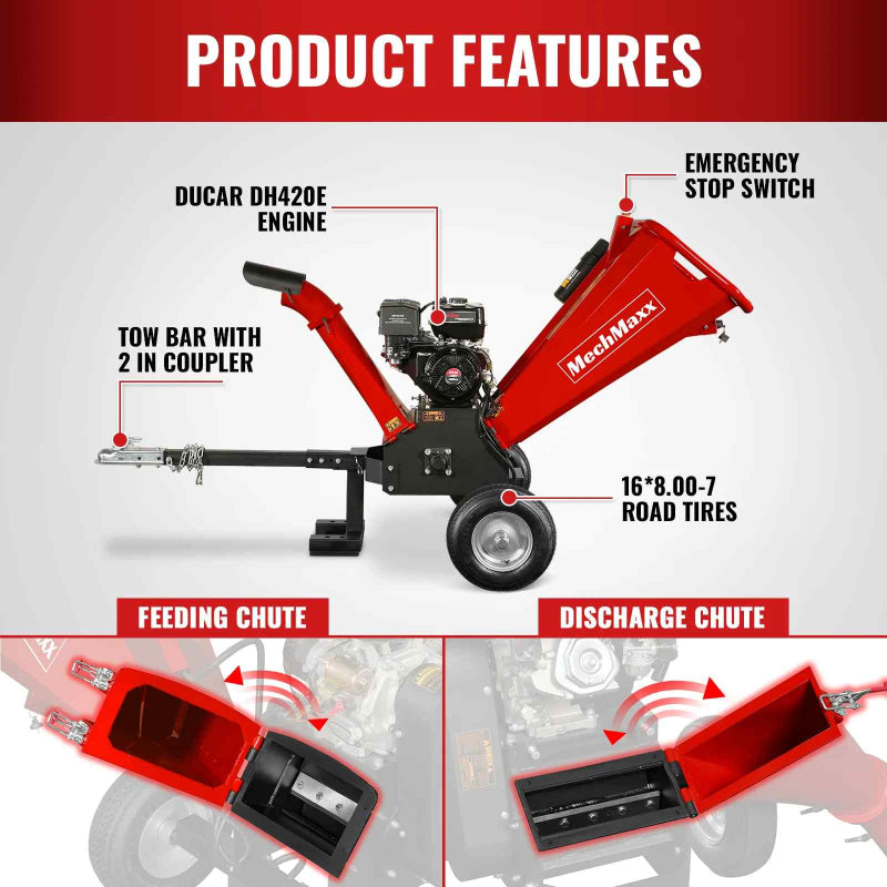 Side profile of red MechMaxx GS1500 wood chipper showing labeled features and 360-degree rotating discharge chute, gallery 1
