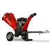 Side angle of red MechMaxx GS1500 15hp wood chipper with 5-inch chute, towbar, and metal wheels, gallery position 1