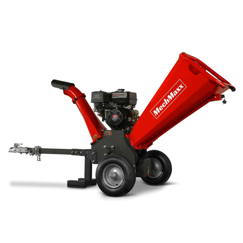 Right side view of red MechMaxx GS1500 15hp gas wood chipper with single-cylinder engine and towbar, gallery position 1