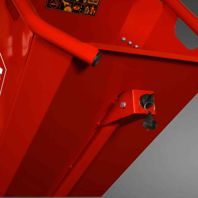 Close-up of red MechMaxx GS1500 wood chipper emergency stop button and safety rail, gallery position 1