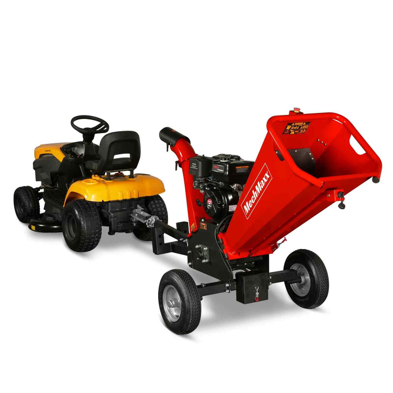 Front angle of red MechMaxx GS1500 15hp wood chipper attached to yellow lawn tractor, gallery position 1