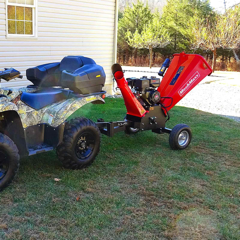 MechMaxx GS1500 15hp gas wood chipper hitched to camo ATV with feeder hopper open, gallery position 1