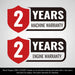 Graphic showing two red shields with text stating 2 years machine warranty and 2 years engine warranty, gallery position 1
