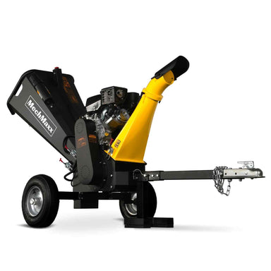 Side angle of MechMaxx 5 inch Kohler 429cc gas-powered wood chipper with rotating yellow discharge chute, gallery position 1