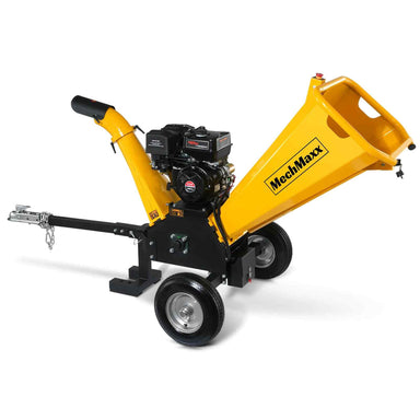 Three-quarter view of MechMaxx GS1500 yellow self-feeding wood chipper with DUCAR 15hp engine gallery position 1