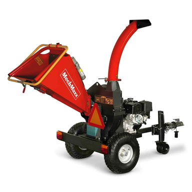 Three-quarter side view of MechMaxx 5-inch Ducar E-Start gas disc wood chipper with tow hitch, gallery position 1