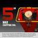 Top view of MechMaxx wood chipper feed chute with 5-inch max branch diameter cutting capacity graphic, gallery 1