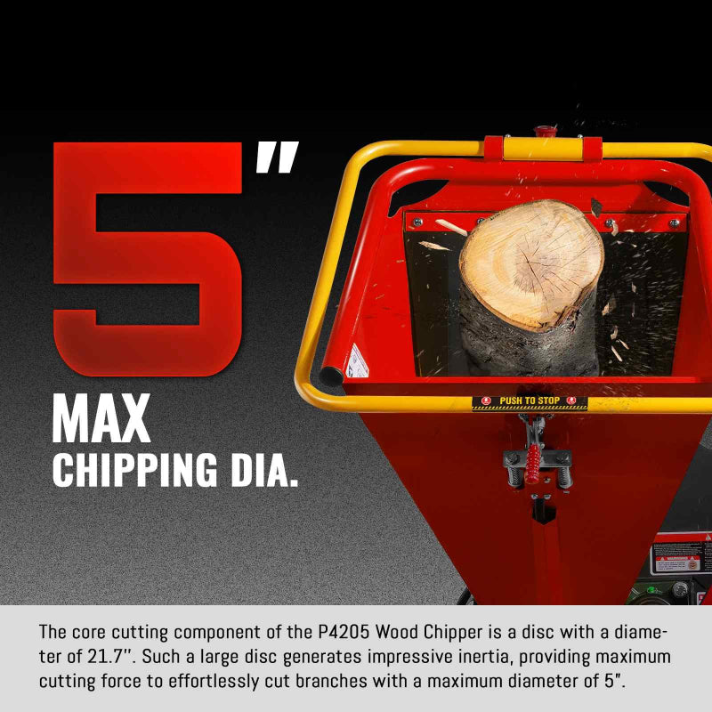 Top view of MechMaxx wood chipper feed chute with 5-inch max branch diameter cutting capacity graphic, gallery 1