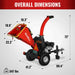 Side view of MechMaxx 5-inch Ducar E-Start gas disc wood chipper with overall dimensions and weight shown, gallery position 1
