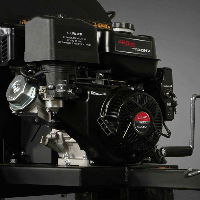 Close-up of DUCAR DH420E 420cc OHV engine with recoil starter on MechMaxx 5-inch gas wood chipper, gallery position 1