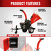 Side view of MechMaxx 5-inch Ducar E-Start wood chipper highlighting engine, tow bar, tires, and emergency stop features, gallery 1