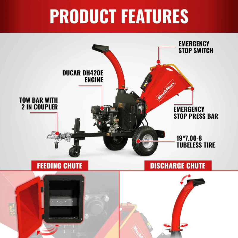 Side view of MechMaxx 5-inch Ducar E-Start wood chipper highlighting engine, tow bar, tires, and emergency stop features, gallery 1