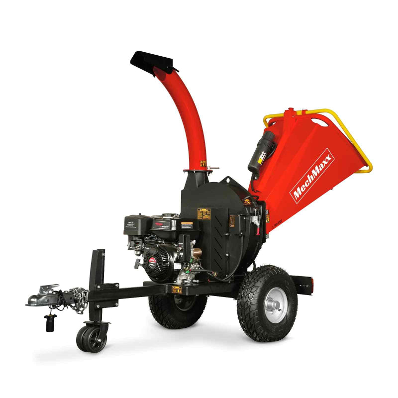 Side profile of MechMaxx 5-inch Ducar E-Start gas disc wood chipper with towbar and pneumatic tires, gallery position 1