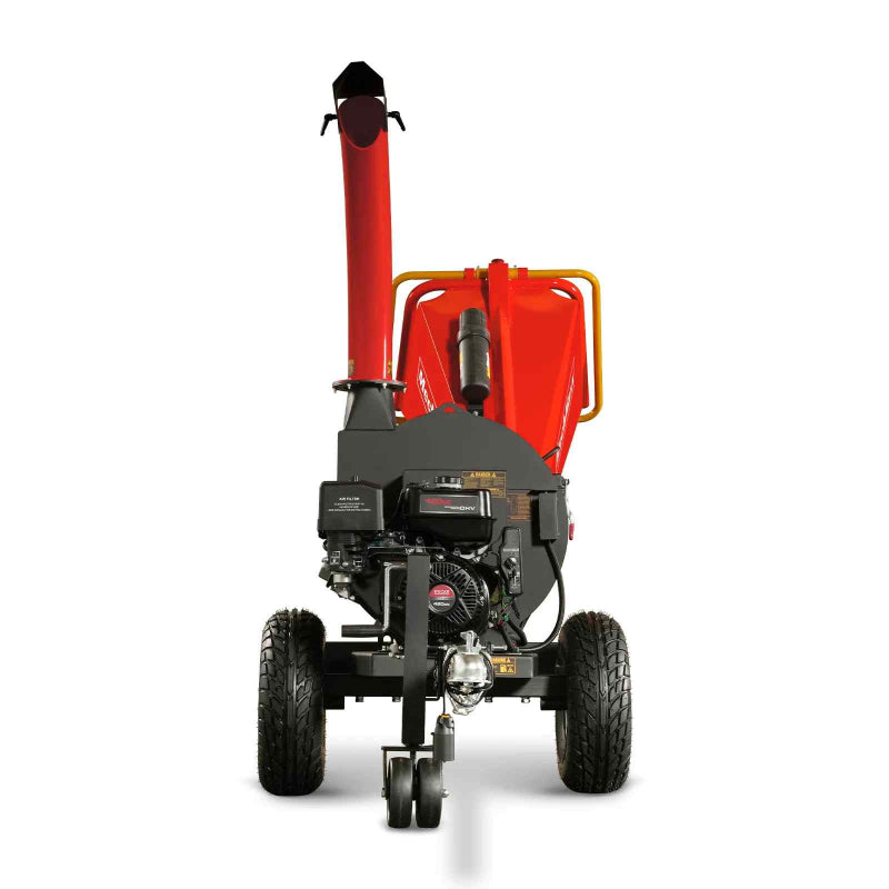 Front view of MechMaxx 5-inch Ducar E-Start gas disc wood chipper with towbar and wide tires, gallery position 1