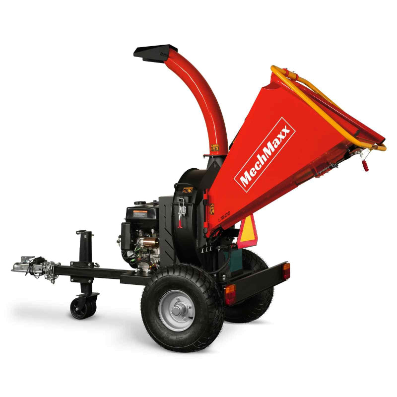 MechMaxx 5-inch Ducar E-Start gas disc wood chipper with tow bar, pneumatic tires, and large feed chute, gallery position 1