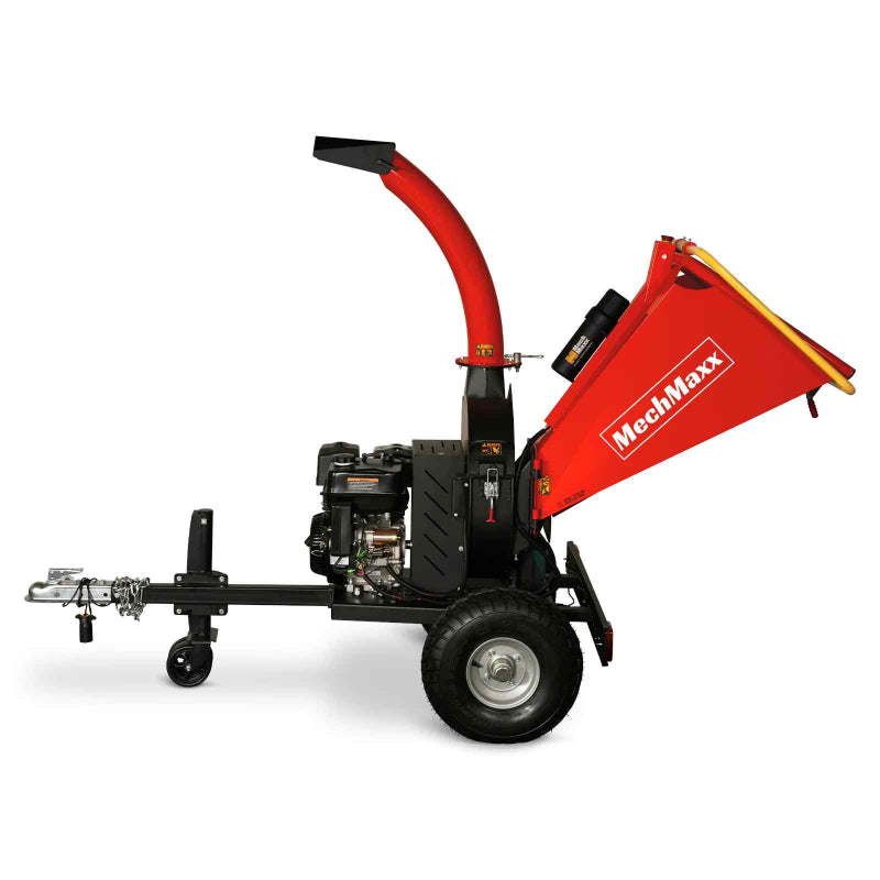 Side profile of MechMaxx 5-inch Ducar E-Start gas disc wood chipper with engine, feed chute, and tow hitch, gallery 1