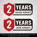 Graphic showing two red shield icons indicating 2 years machine warranty and 2 years engine warranty for wood chipper