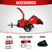 Side view of MechMaxx 7-inch hydraulic feed wood chipper with accessory kit including blades, Kevlar V-belts, and protective cover, gallery 1