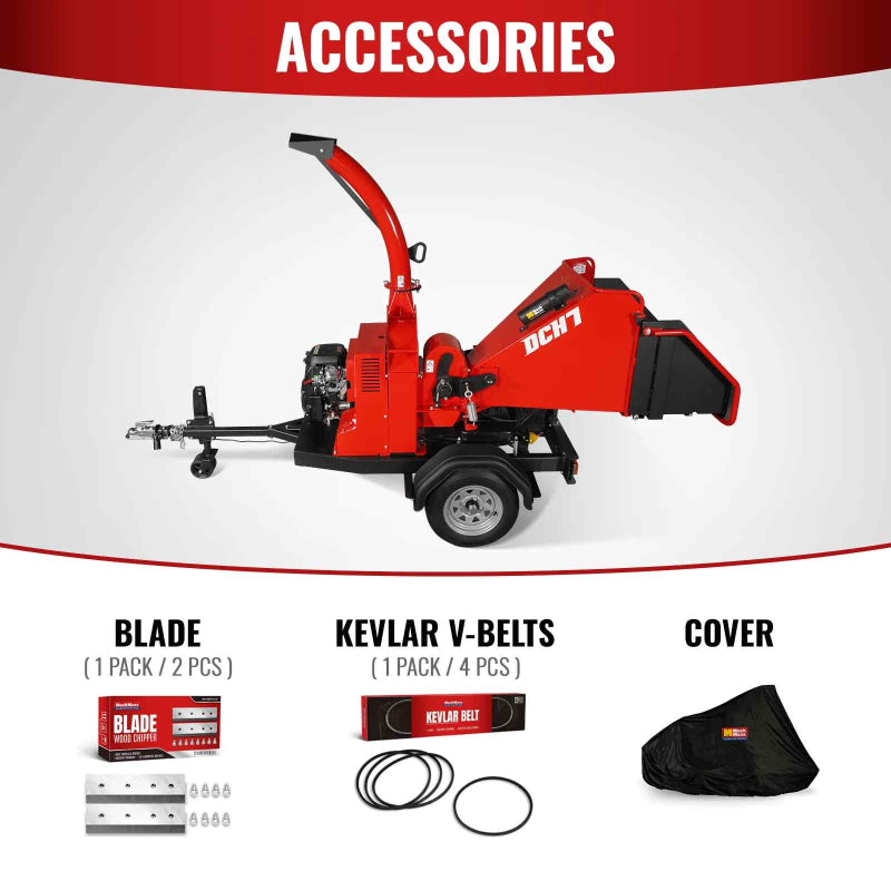 Side view of MechMaxx 7-inch hydraulic feed wood chipper with accessory kit including blades, Kevlar V-belts, and protective cover, gallery 1