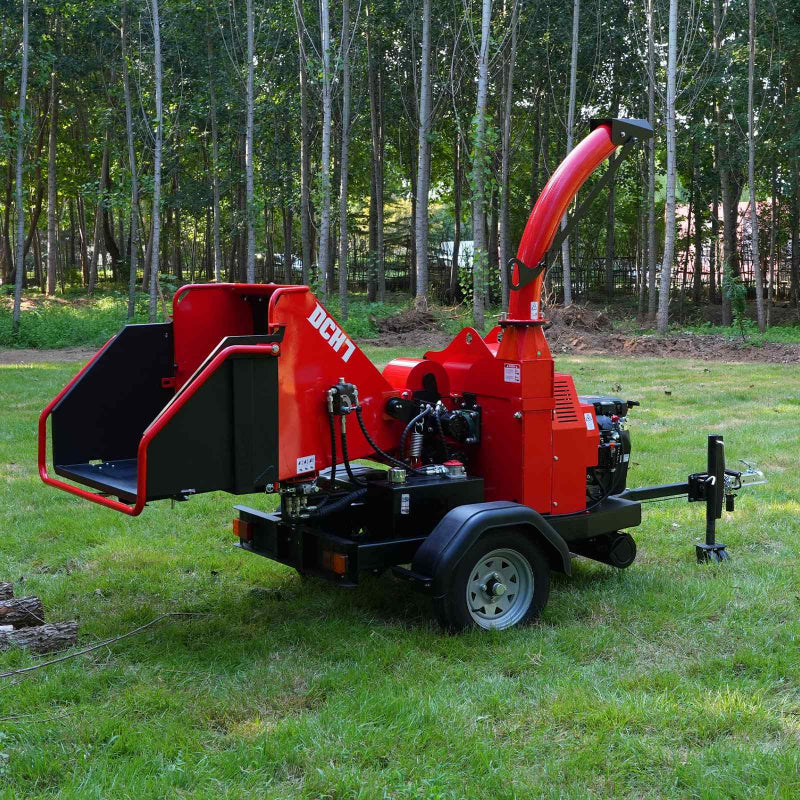 Rear angle of MechMaxx 7-inch hydraulic feed wood chipper with open chute and ZONSEN GB750 engine, gallery 1