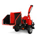 Rear angle of MechMaxx 7-inch hydraulic feed wood chipper with open feed chute and ZONSEN GB750 engine, gallery 1