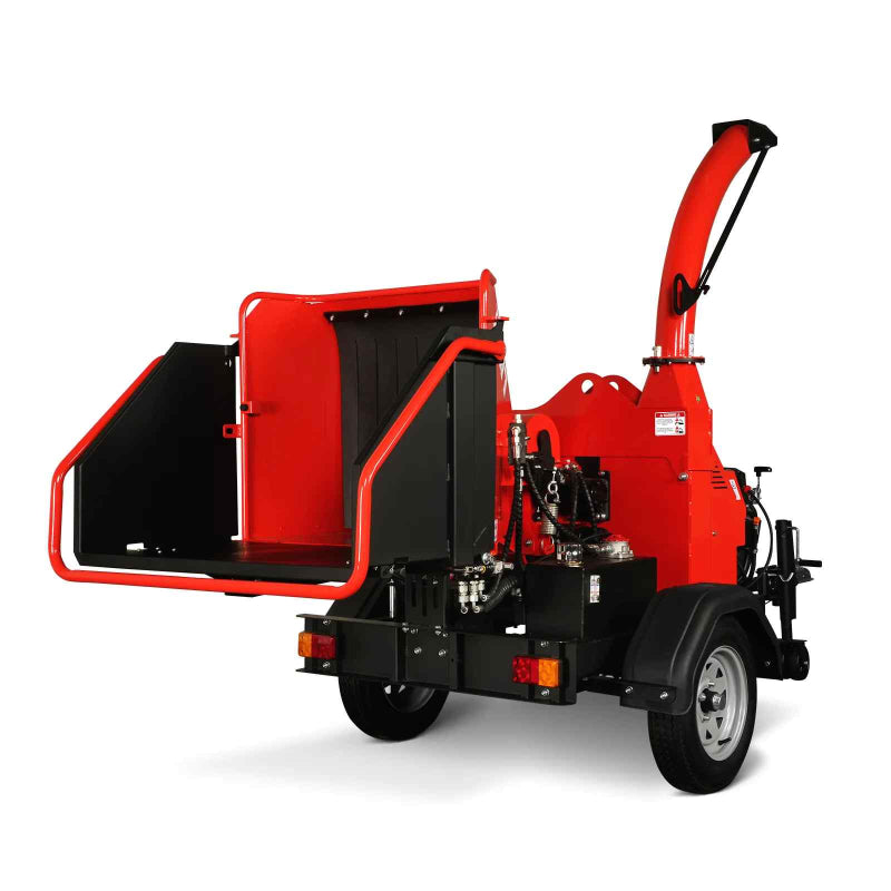 Rear angle of MechMaxx 7-inch hydraulic feed wood chipper with open feed chute and ZONSEN GB750 engine, gallery 1