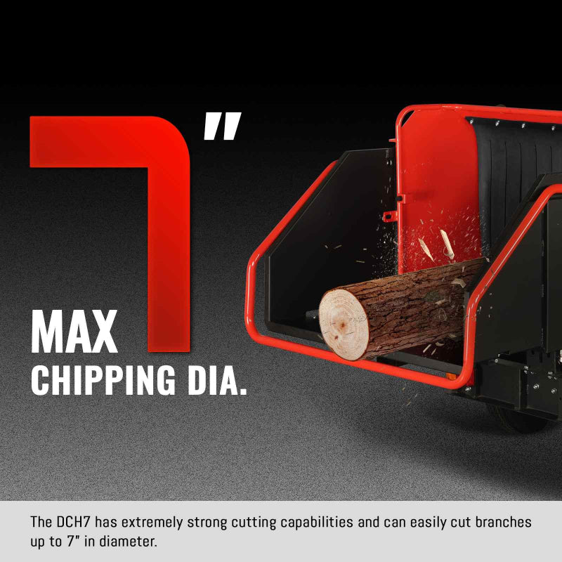 Close-up of MechMaxx 7-inch hydraulic feed wood chipper feed chute processing 7-inch diameter branch, gallery position 1