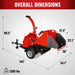 Red MechMaxx 7-inch hydraulic feed wood chipper with labeled overall dimensions and weight, gallery position 1