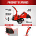Side view of red MechMaxx 7-inch hydraulic feed wood chipper with ZONSEN GB750 engine and labeled component callouts, gallery 1