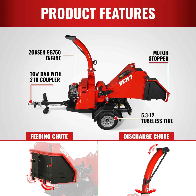Side view of red MechMaxx 7-inch hydraulic feed wood chipper with ZONSEN GB750 engine and labeled component callouts, gallery 1
