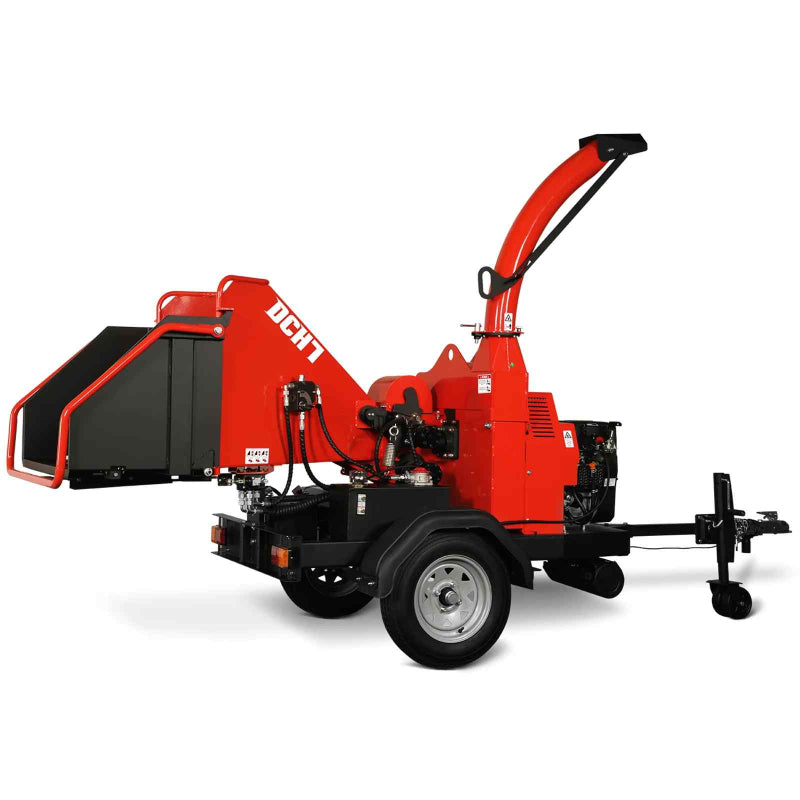 Side angle of red MechMaxx 7-inch hydraulic feed wood chipper with single axle trailer, gallery position 1