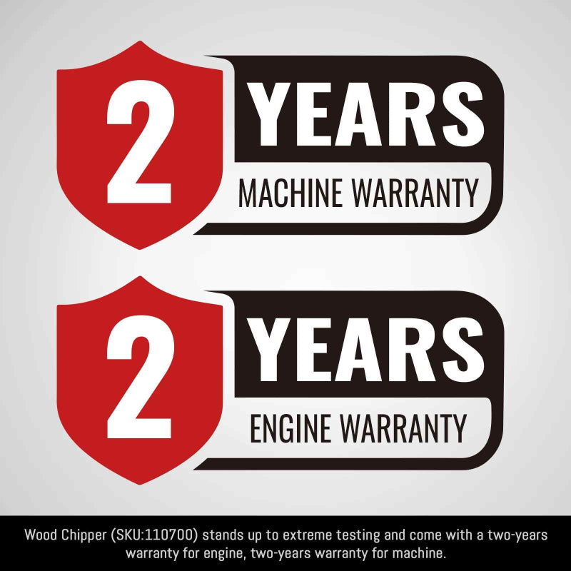 Red shield graphic indicating two years machine warranty and two years engine warranty for wood chipper.
