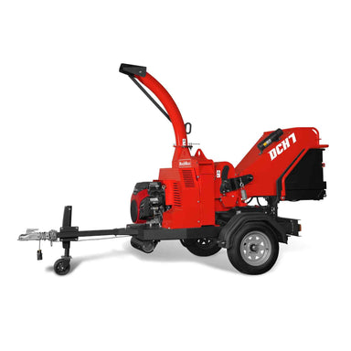Side profile of MechMaxx 7 inch DCH7 hydraulic wood chipper with Honda GX690 engine and tow hitch, gallery 1