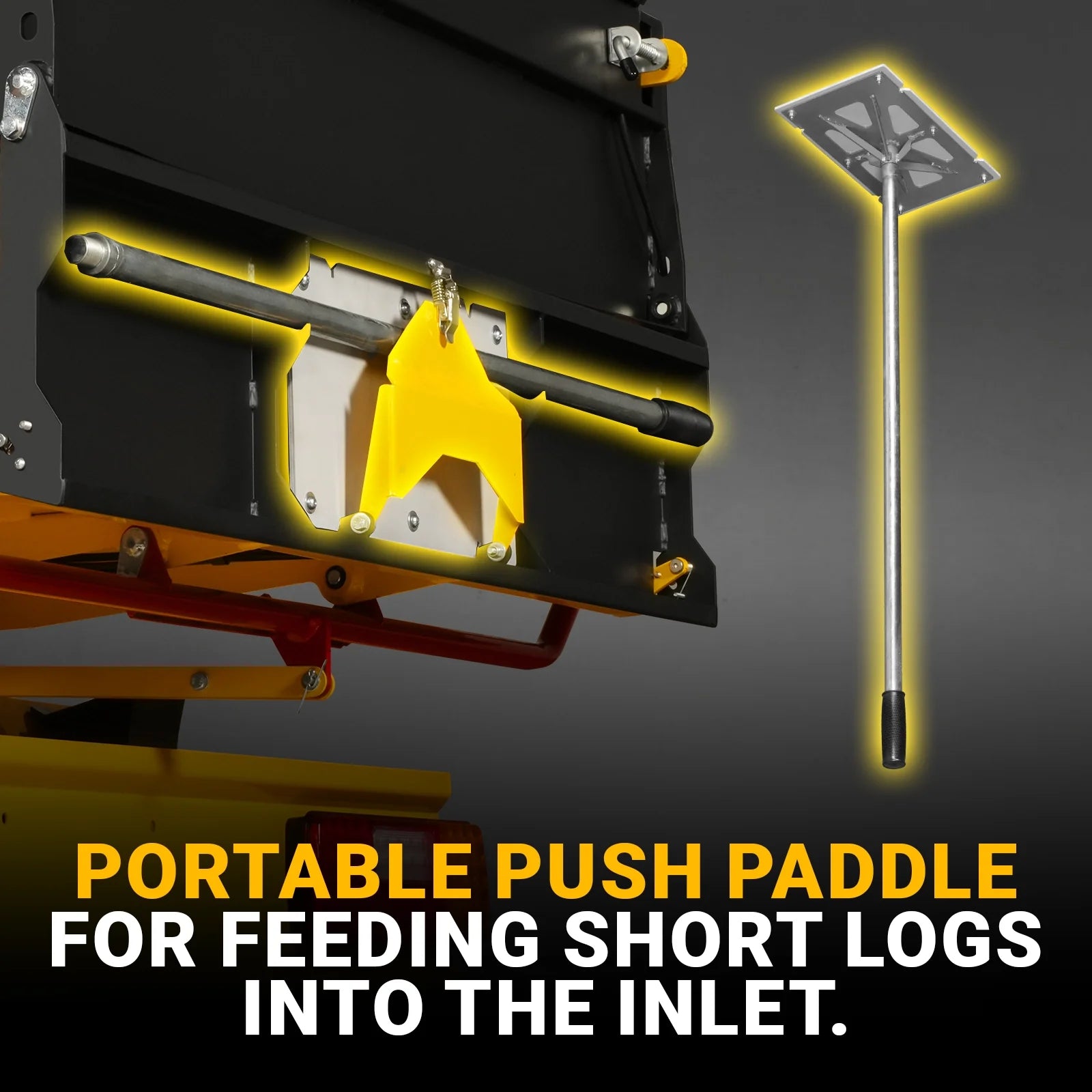 Portable push paddle for feeding short logs into an equipment inlet