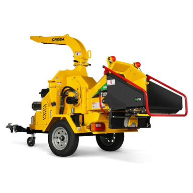 Rear angle of yellow CROBA hydraulic wood chipper with wide feed chute and tow hitch, gallery position 1