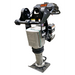 Black and silver gas-powered rammer compactor with padded grip handle and flat metal footplate, angled left view