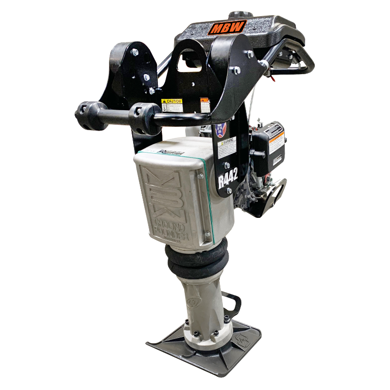 Black and silver gas-powered rammer compactor with padded grip handle and flat metal footplate, angled left view